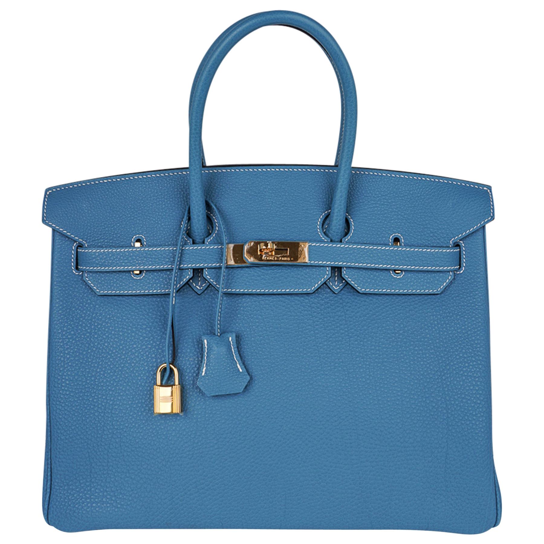 Hermes Birkin 35 Bag Iconic Blue Jean Togo Leather Gold Hardware New Rare