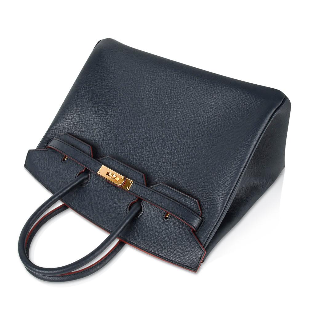 Hermes Birkin 35 Bag Navy Indigo w/ Rouge Contour Limited Edition Epsom Gold In New Condition In Miami, FL