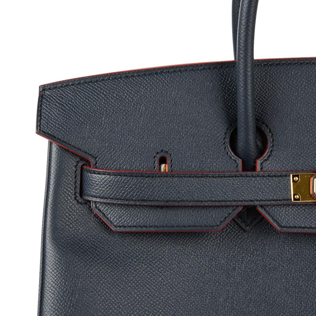 Women's Hermes Birkin 35 Bag Navy Indigo w/ Rouge Contour Limited Edition Epsom Gold