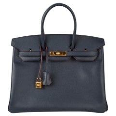 Hermes Birkin 35 Bag Navy Indigo w/ Rouge Contour Limited Edition Epsom Gold