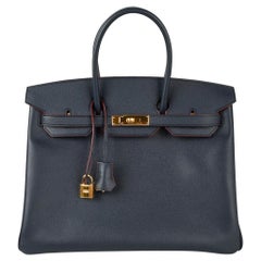 Hermes Birkin 35 Bag Navy Indigo w/ Rouge Contour Limited Edition Epsom Gold 