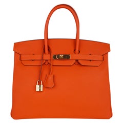 Hermes Birkin 35 Bag Rare Feu Orange Togo Gold Hardware