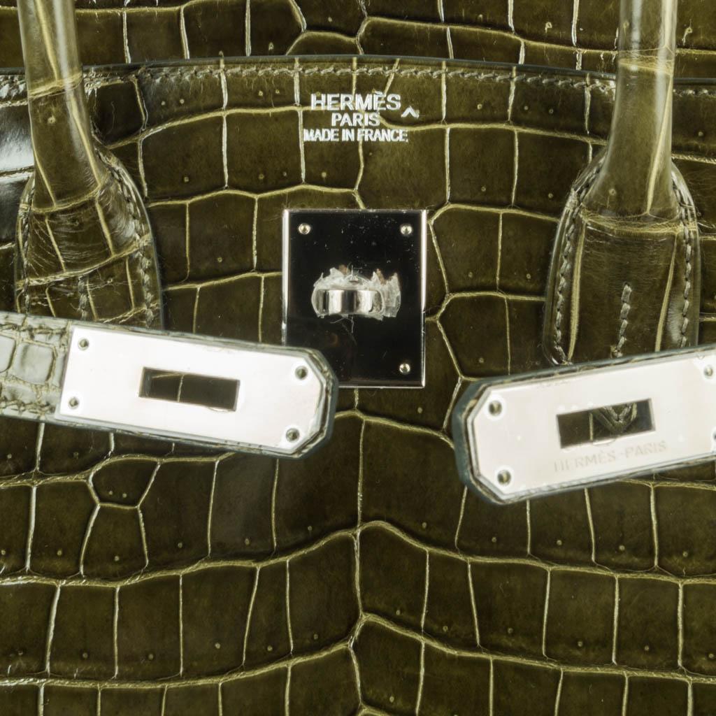 Black Hermes Birkin 35 Bag Vert Veronese Porosus Crocodile Palladium Hardware