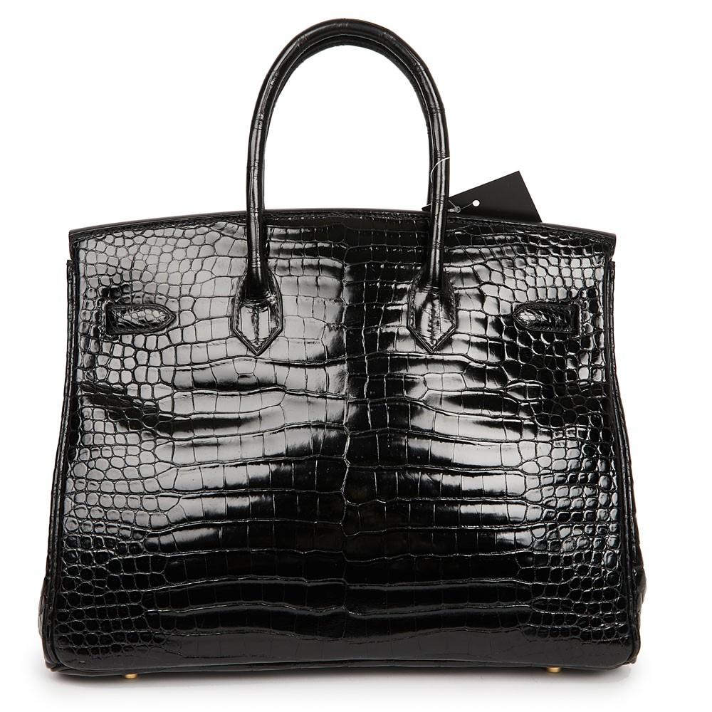 Women's Hermes Birkin 35 Black Porosus Crocodile Bag with Gold Hardware