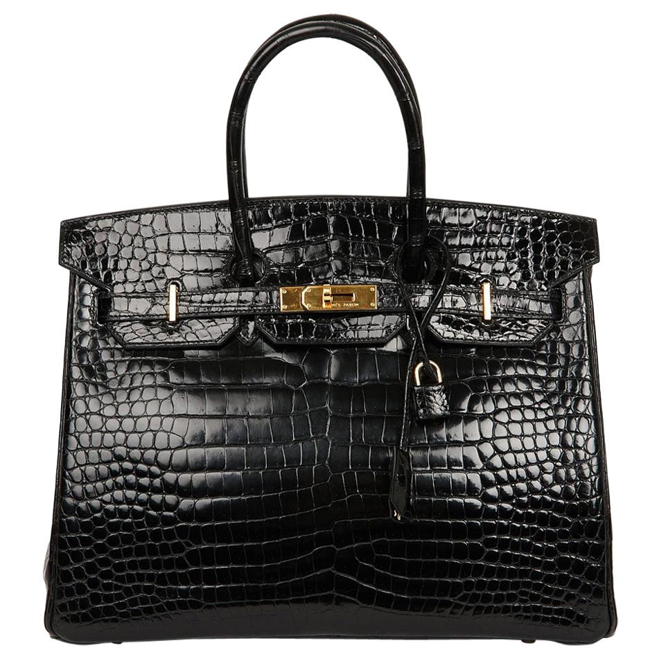 Hermes Birkin 35 Black Porosus Crocodile Bag with Gold Hardware