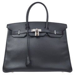 HERMES Birkin 35 Black Epsom Leather Silver Hardware Top Handle Tote Bag
