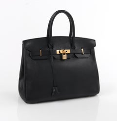 HERMES Birkin 35 Black Fjord Leather Gold Hardware Twist Lock Top Handle Handbag