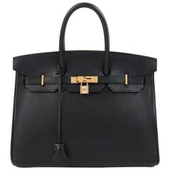 HERMES Birkin 35 Schwarz Fjord Leder Gold Hardware Twist Lock Top Handle Handtasche