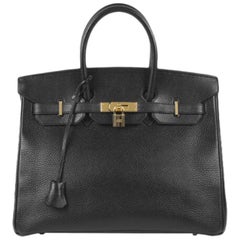 Hermes Birkin 35 Black Leather Gold Carryall Top Handle Satchel Tote