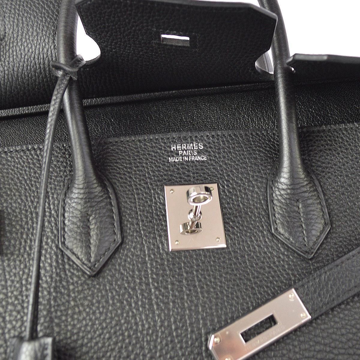 Women's Hermes Birkin 35 Black Leather Palladium Top Handle Satchel Travel Bag in Box
