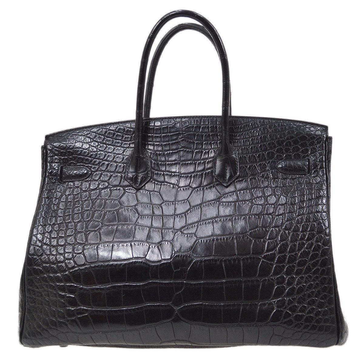 HERMES Birkin 35 Black Matt Crocodile Alligator Leather Top Handle Tote Bag In Good Condition In Chicago, IL