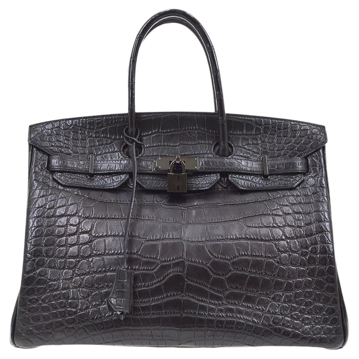HERMES Birkin 35 Black Matt Crocodile Alligator Leather Top Handle Tote Bag