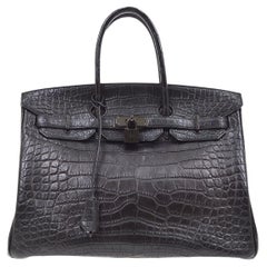 HERMES Birkin 35 Black Matt Crocodile Alligator Leather Top Handle Tote Bag