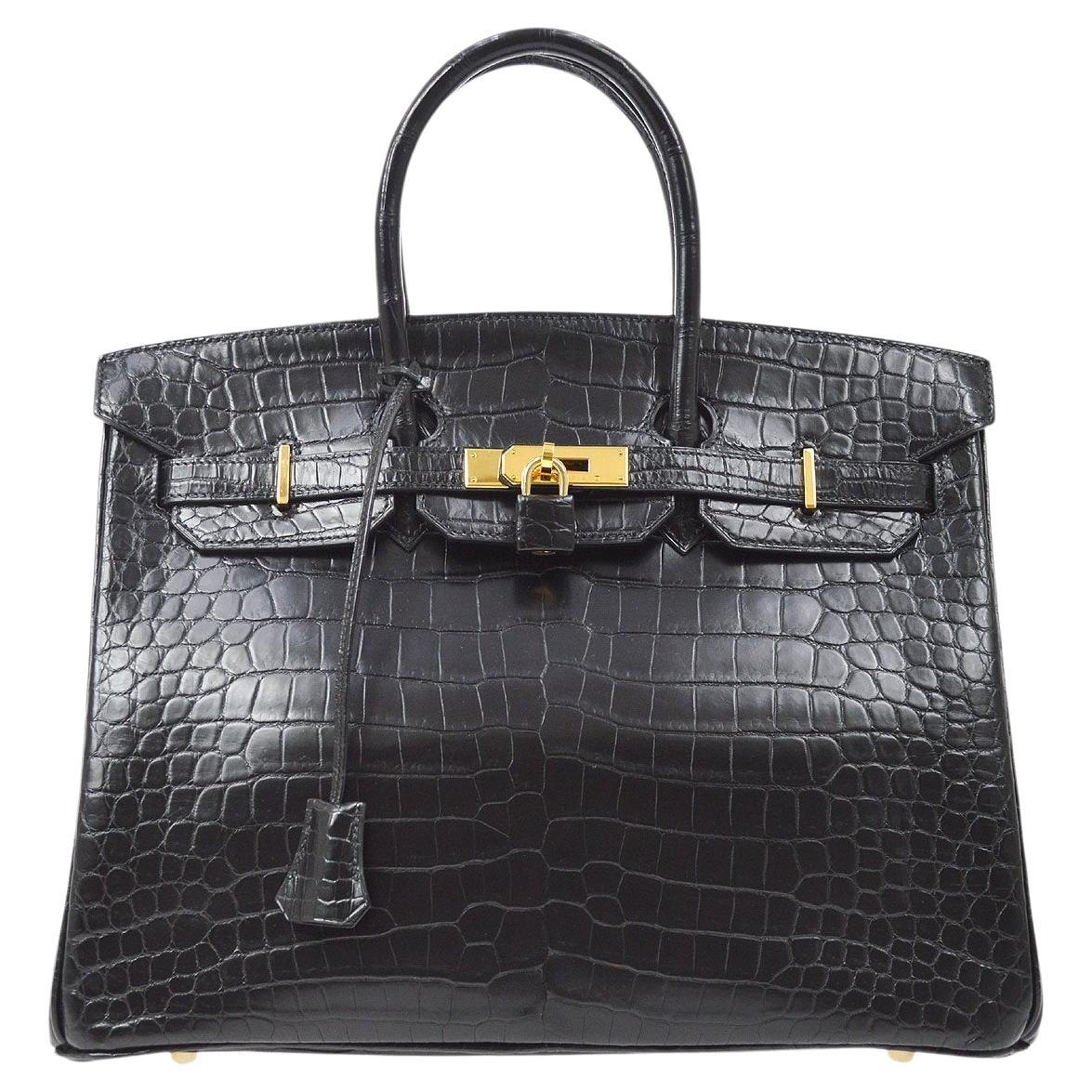 HERMES Birkin 35 Black Matte Crocodile Exotic Gold Top Handle Tote Bag