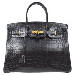 HERMES Birkin 35 Black Matte Crocodile Exotic Gold Top Handle Tote Bag