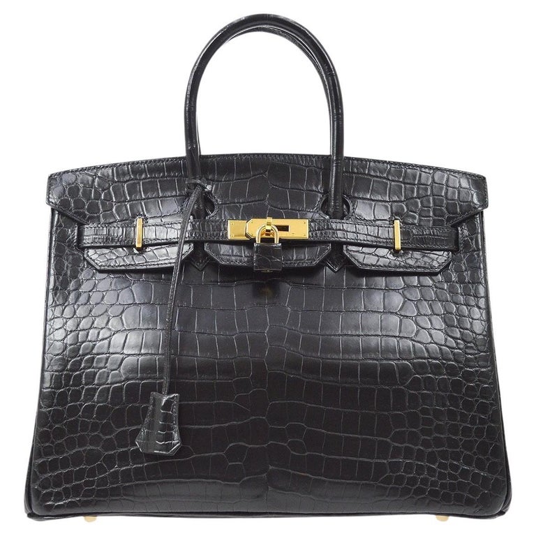 HERMES Birkin 35 Black Matte Crocodile Exotic Gold Top Handle Tote Bag ...