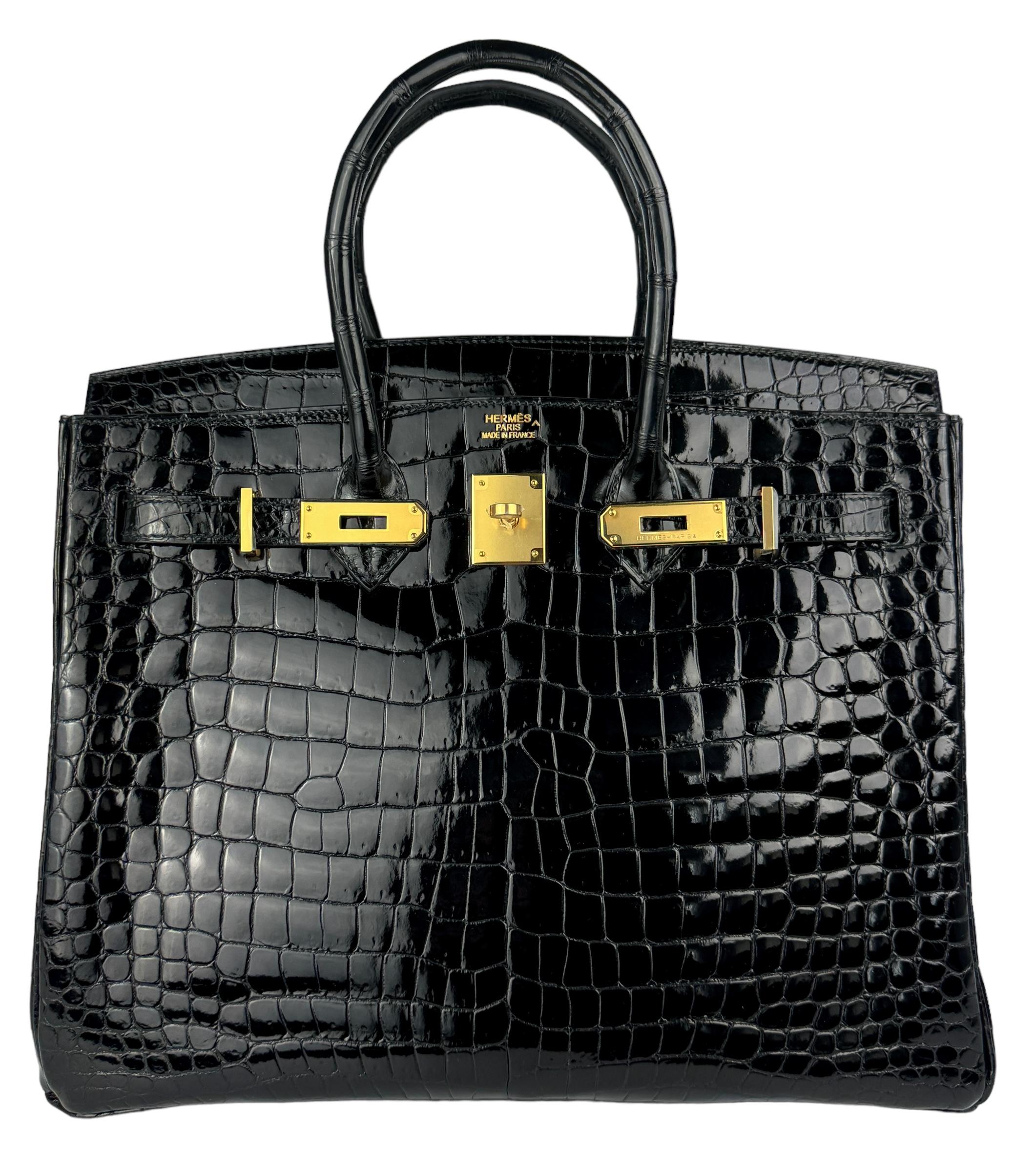Hermes Birkin 35 Black Noir Crocodile Shinny Porosus Leather Gold Hardware In Excellent Condition For Sale In Miami, FL