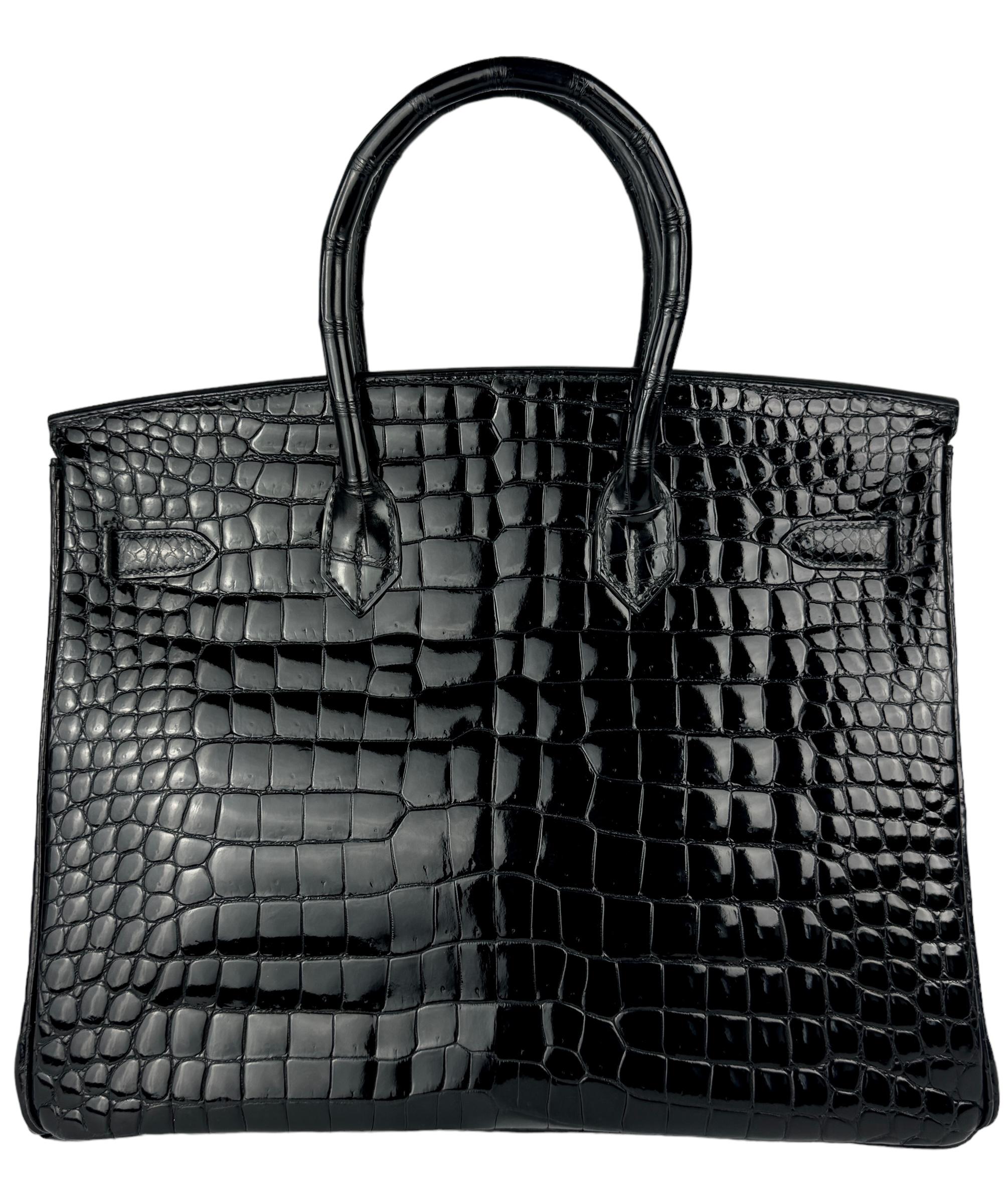 Hermes Birkin 35 Noir Crocodile Cuir de Porosus brillant Ferrures en or Unisexe en vente