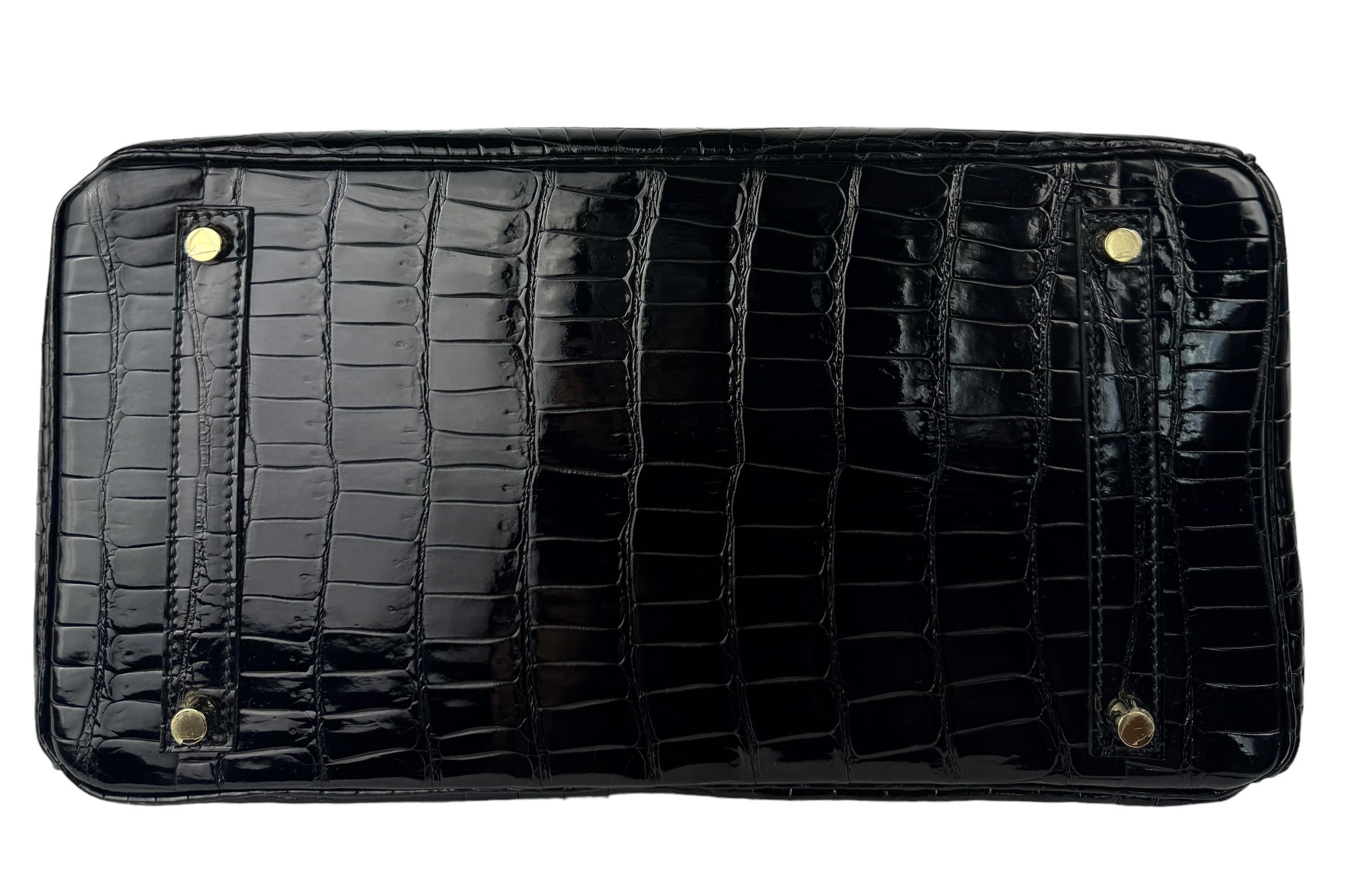 Hermes Birkin 35 Black Noir Crocodile Shinny Porosus Leather Gold Hardware For Sale 5