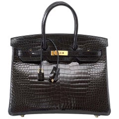 Hermes Birkin 35 schwarze Porosus Krokodil Tasche mit Gold 
