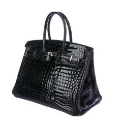 Hermes Birkin 35 Black Shiny Crocodile Top Handle Satchel Tote Bag