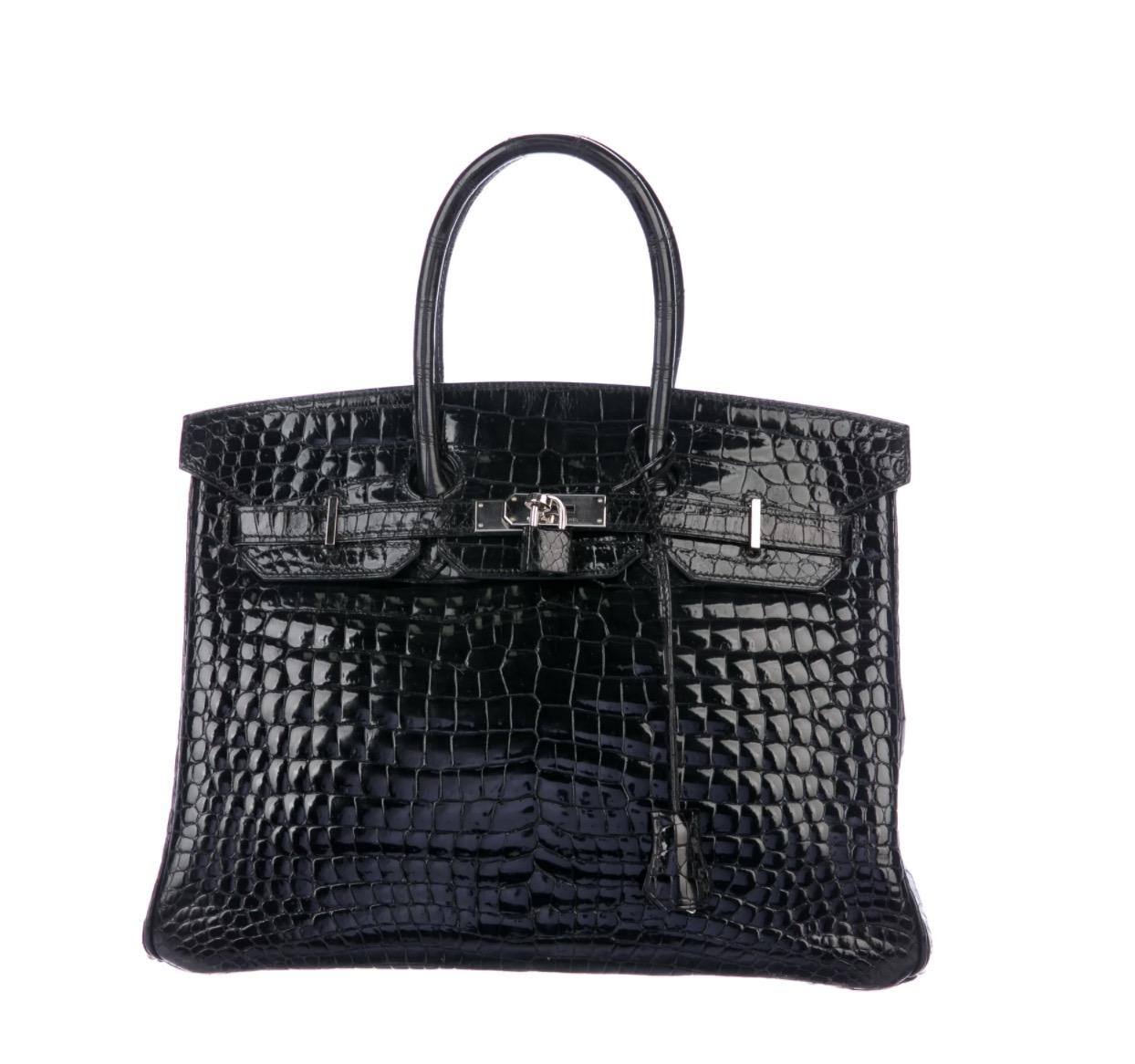 Sac fourre-tout Birkin 35 Hermès, noir brillant, en crocodile, avec poignées sur le dessus