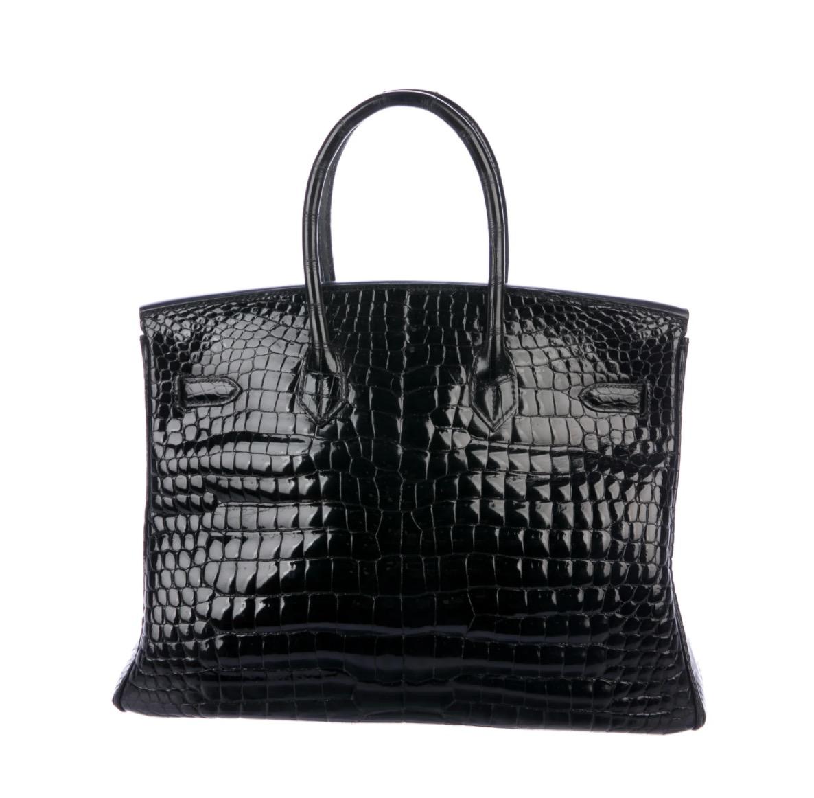 Hermes Birkin 35 Black Shiny Crocodile Top Handle Satchel Tote Bag in Box In Good Condition In Chicago, IL