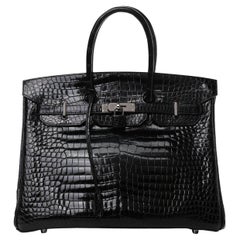 Hermès - Sac fourre-tout « Birkin 35 » en crocodile Porosus noir brillant et palladium exotique