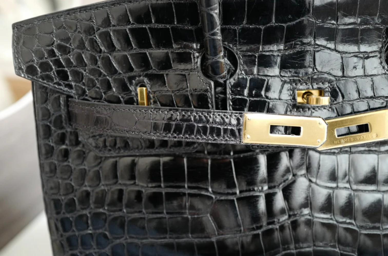 Hermès Birkin 35 Noir Crocodile Porosus brillant Or HW #D Preowned Condition en vente 7