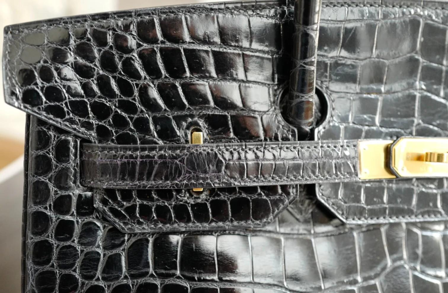 Hermès Birkin 35 Noir Crocodile Porosus brillant Or HW #D Preowned Condition en vente 9