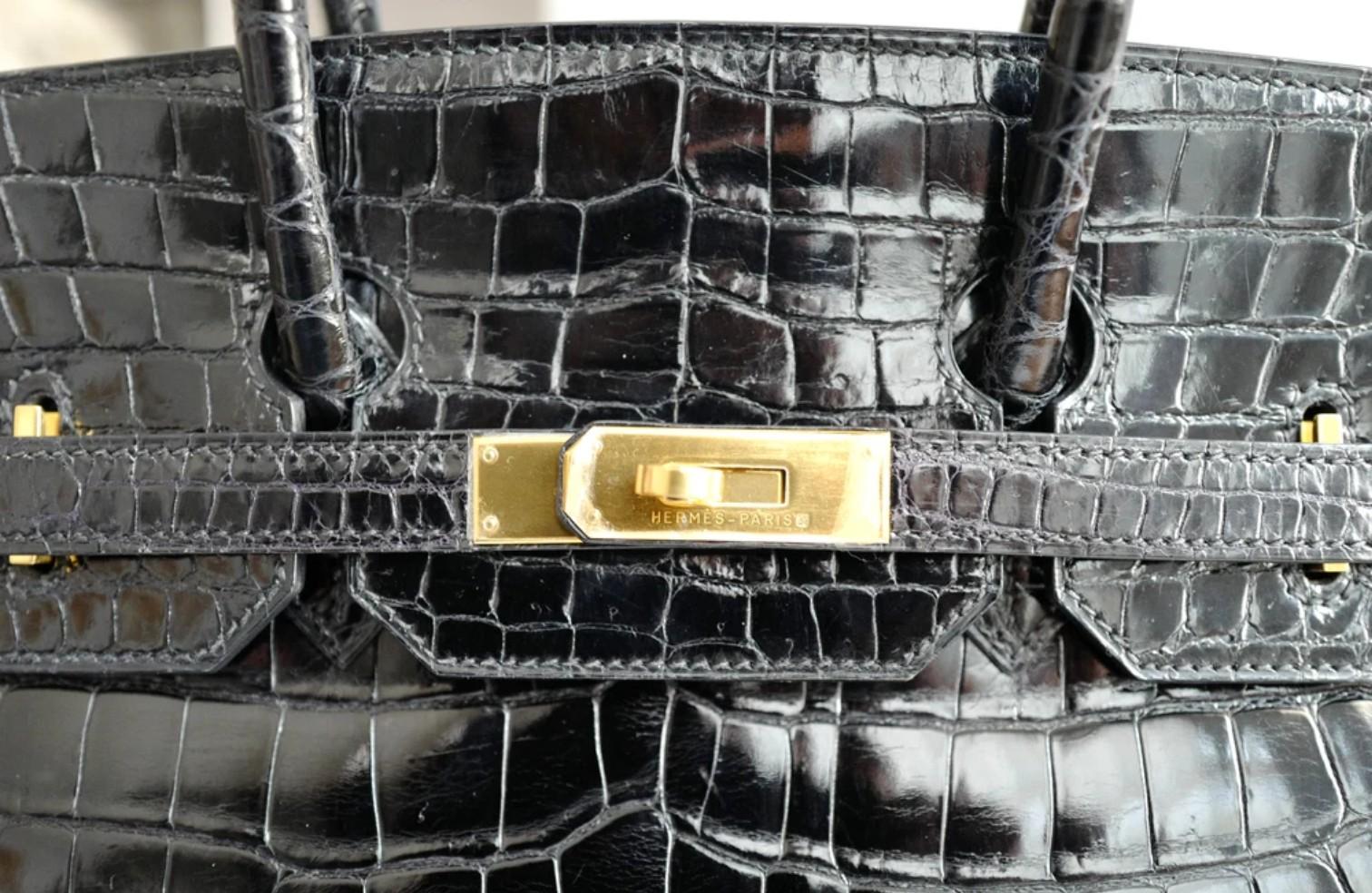 Hermès Birkin 35 Noir Crocodile Porosus brillant Or HW #D Preowned Condition en vente 10