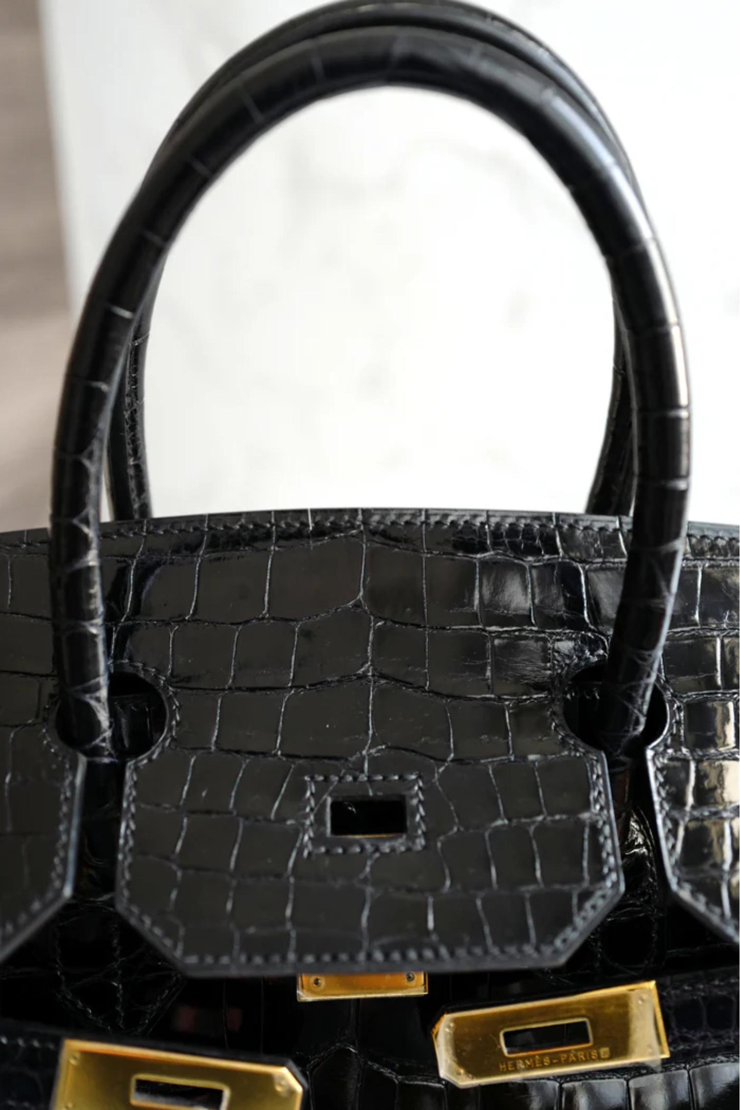 Hermès Birkin 35 Noir Crocodile Porosus brillant Or HW #D Preowned Condition en vente 12