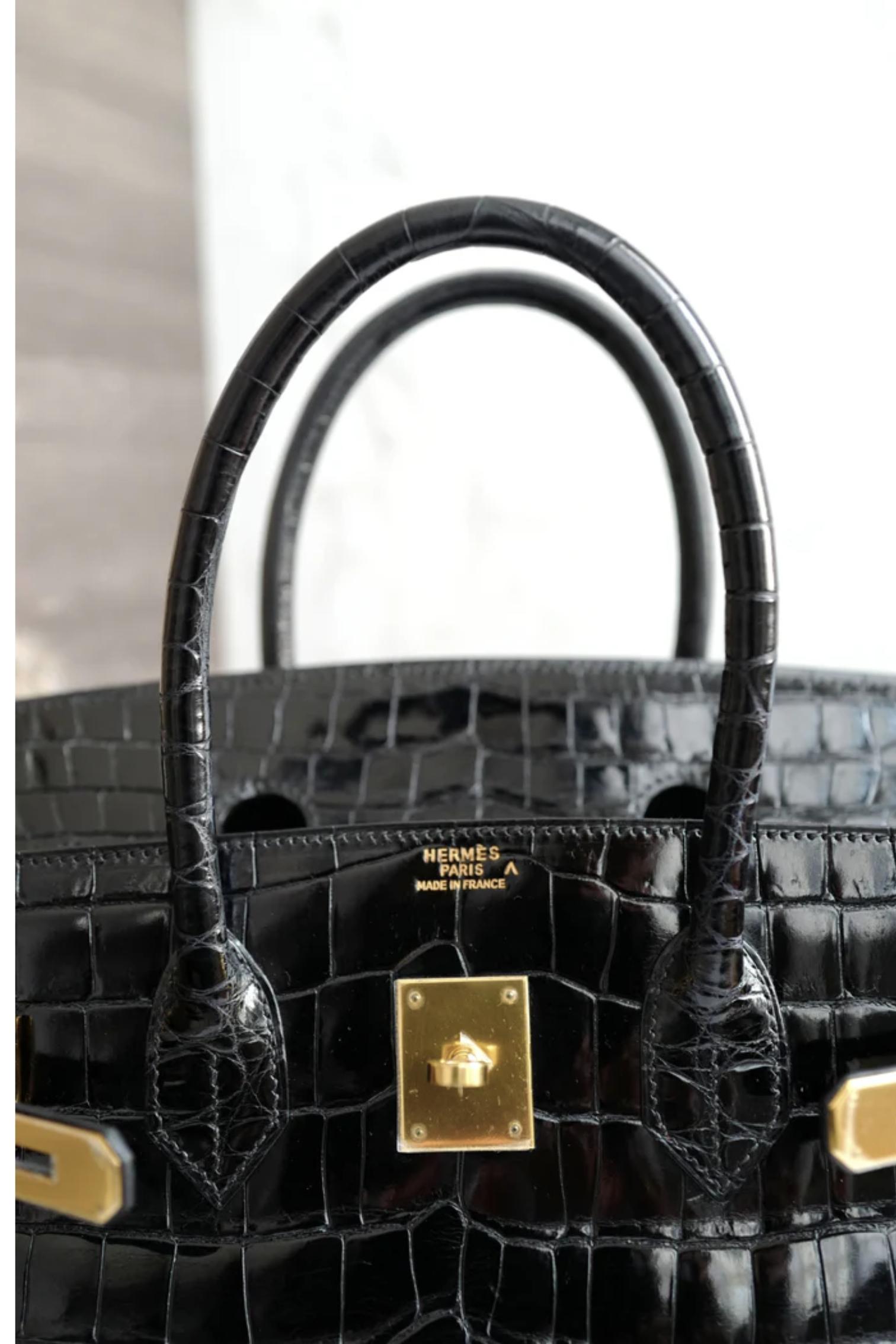 Hermès Birkin 35 Noir Crocodile Porosus brillant Or HW #D Preowned Condition en vente 14
