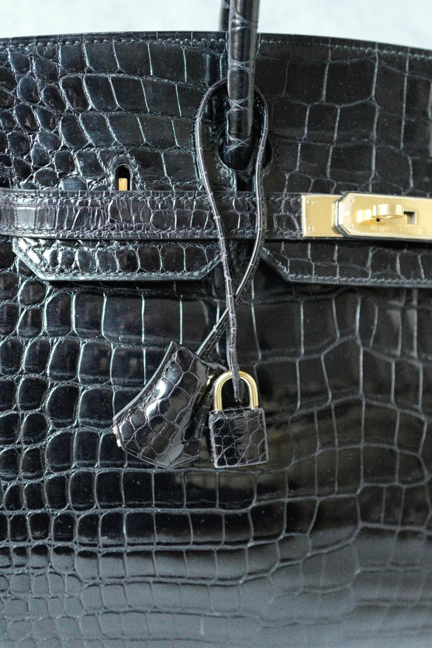 Hermès Birkin 35 Noir Crocodile Porosus brillant Or HW #D Preowned Condition en vente 15
