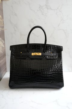 Hermès Birkin 35 Black Shiny Porosus Crocodile Gold HW #D Preowned Condition