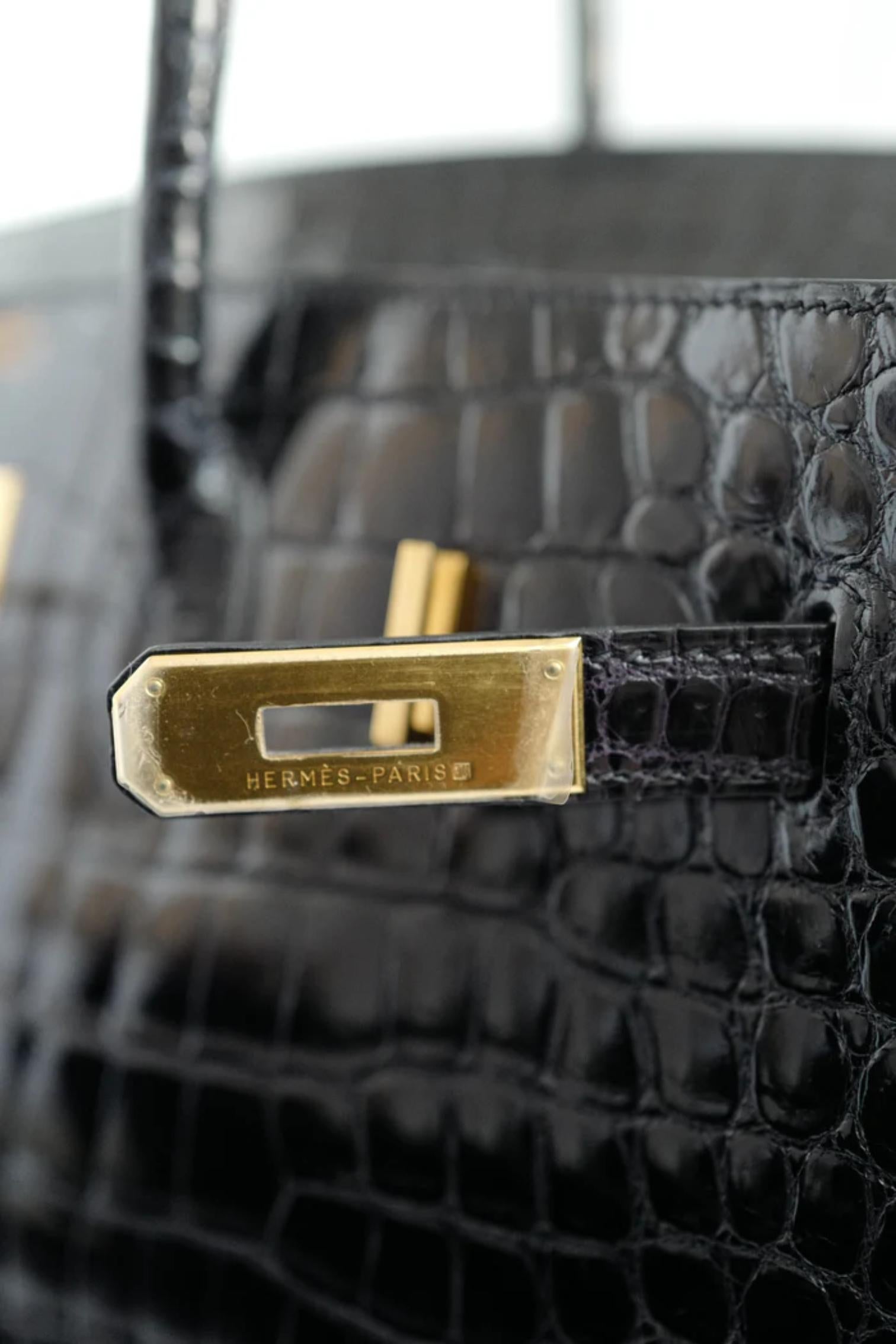 Hermès Birkin 35 Noir Crocodile Porosus brillant Or HW #D Preowned Condition en vente 8