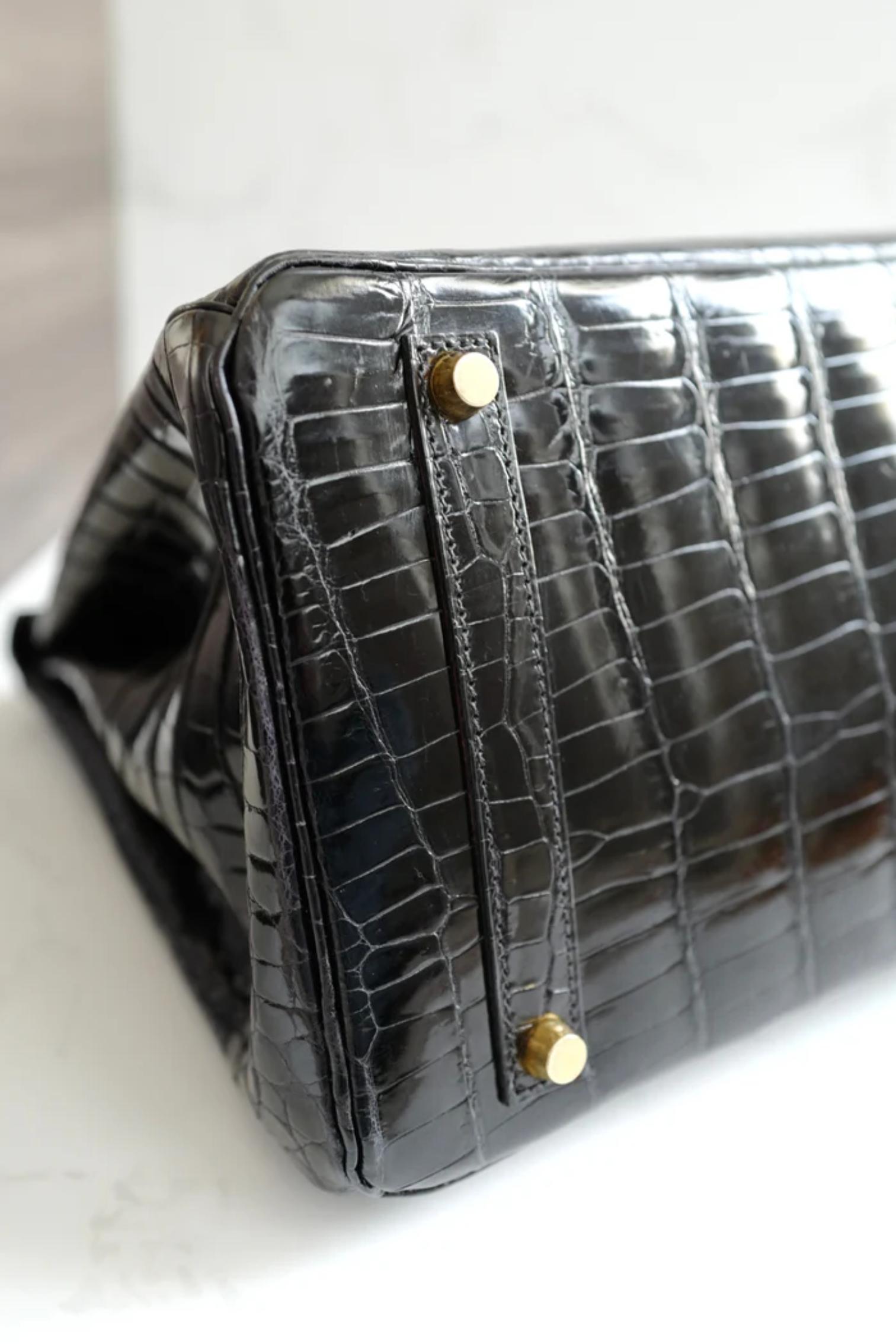 Hermès Birkin 35 Noir Crocodile Porosus brillant Or HW #D Preowned Condition en vente 2