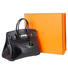 Hermes Birkin 35 Black Shiny Porosus Crocodile Palladium Hardware Handbag
