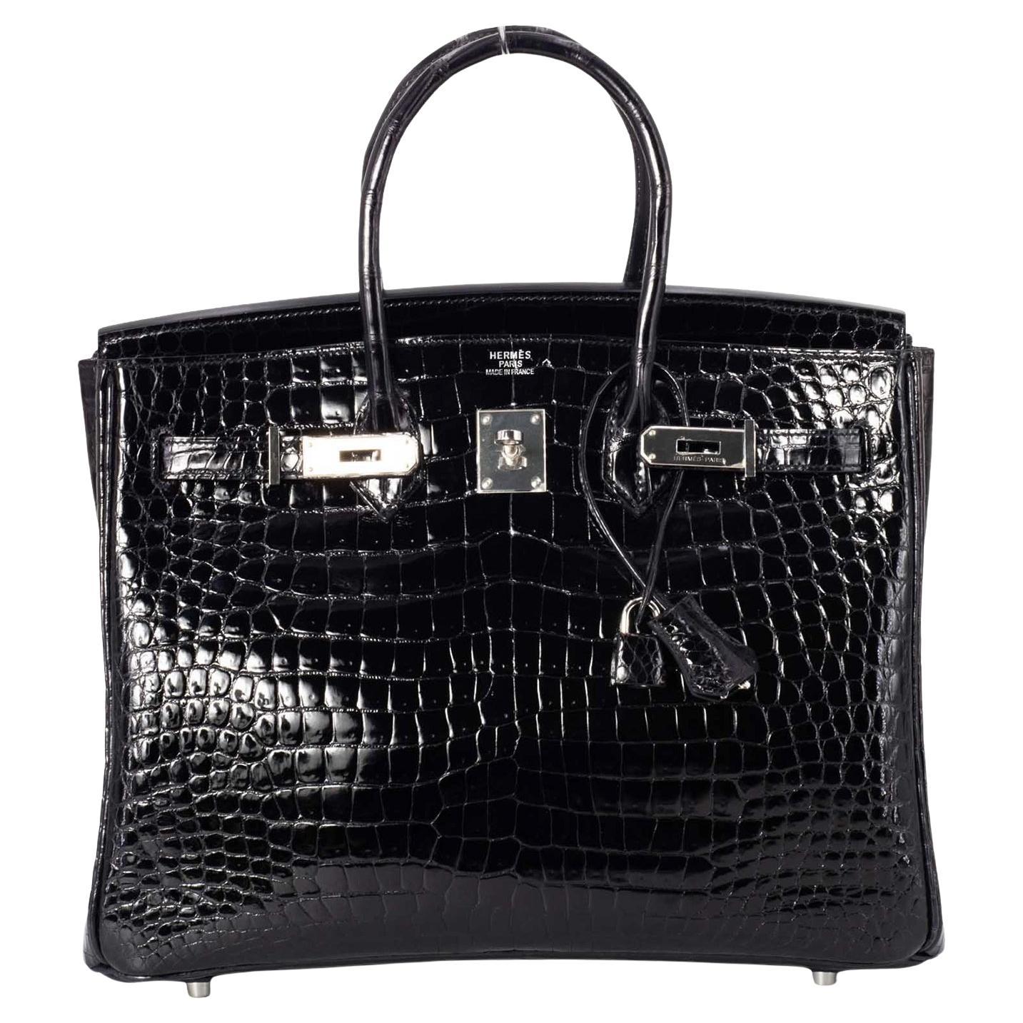Hermes Birkin 35 Black Shiny Porosus Crocodile Palladium Hardware Handbag
