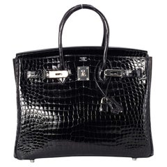 Hermes Birkin 35 Black Shiny Porosus Crocodile Palladium Hardware Handbag