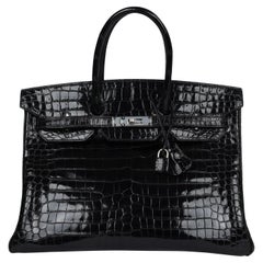 Hermes Birkin 35 Black Shiny Porosus Crocodile Palladium Hardware Handbag