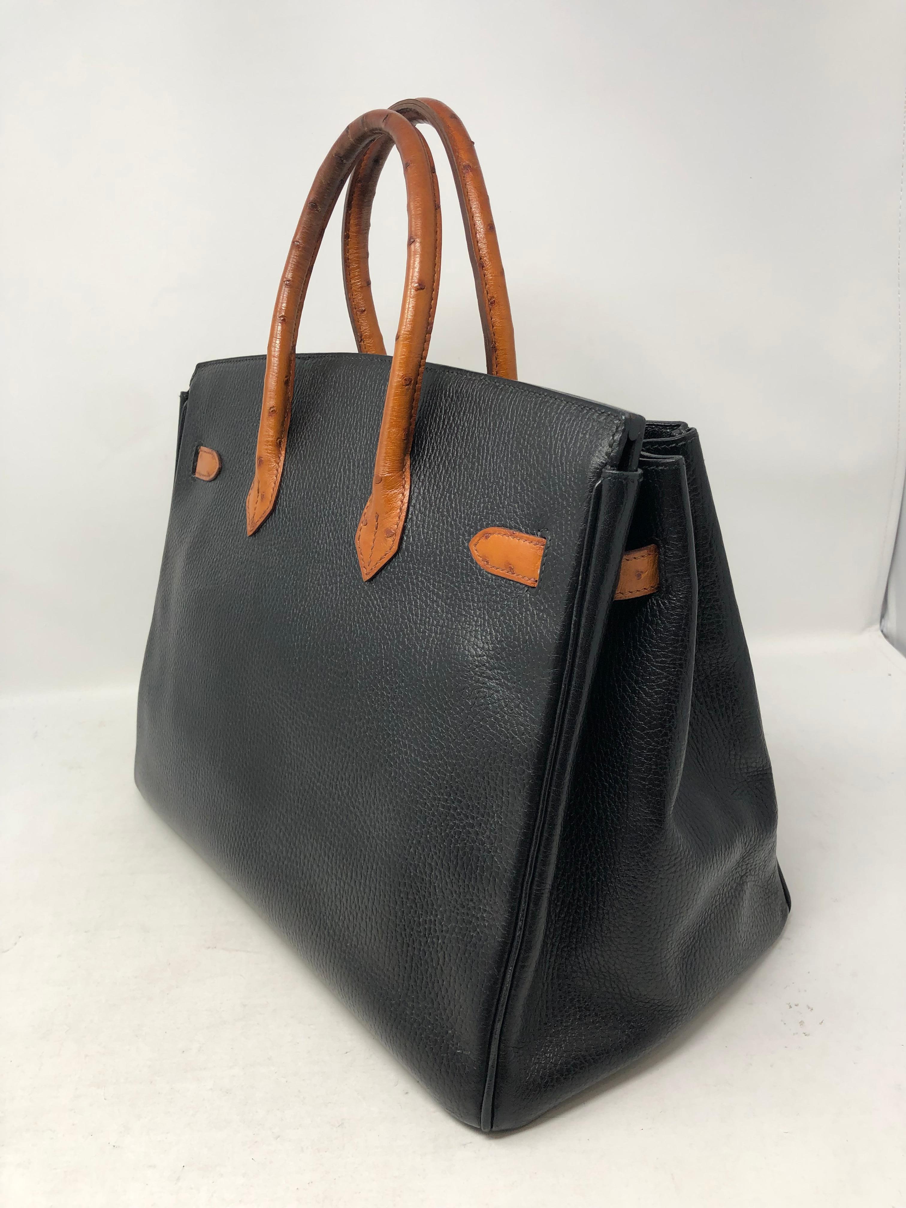 Hermes Birkin 35 Black with Ostrich Leather Handles  In Fair Condition In Athens, GA