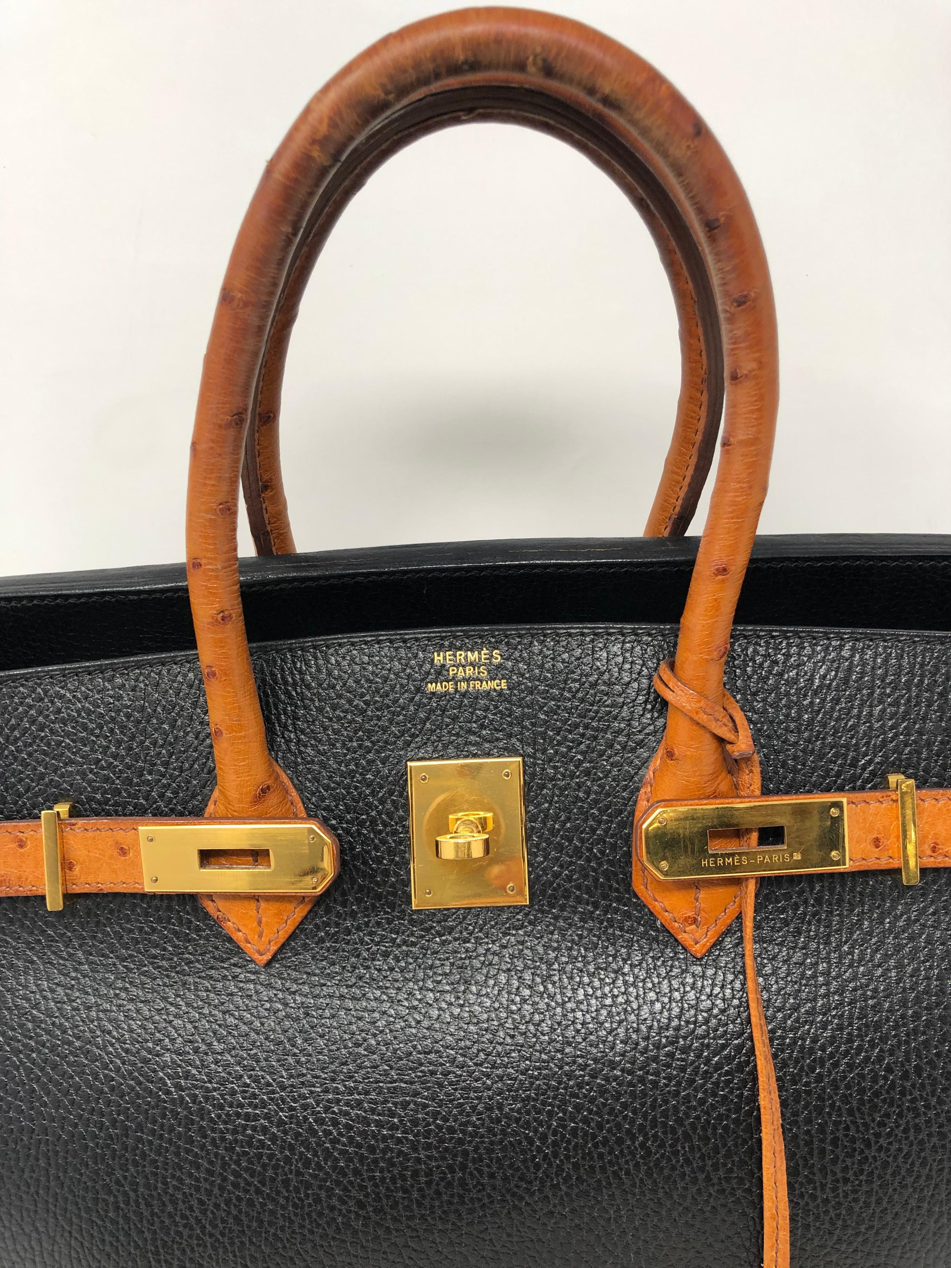Hermes Birkin 35 Black with Ostrich Leather Handles  In Fair Condition In Athens, GA