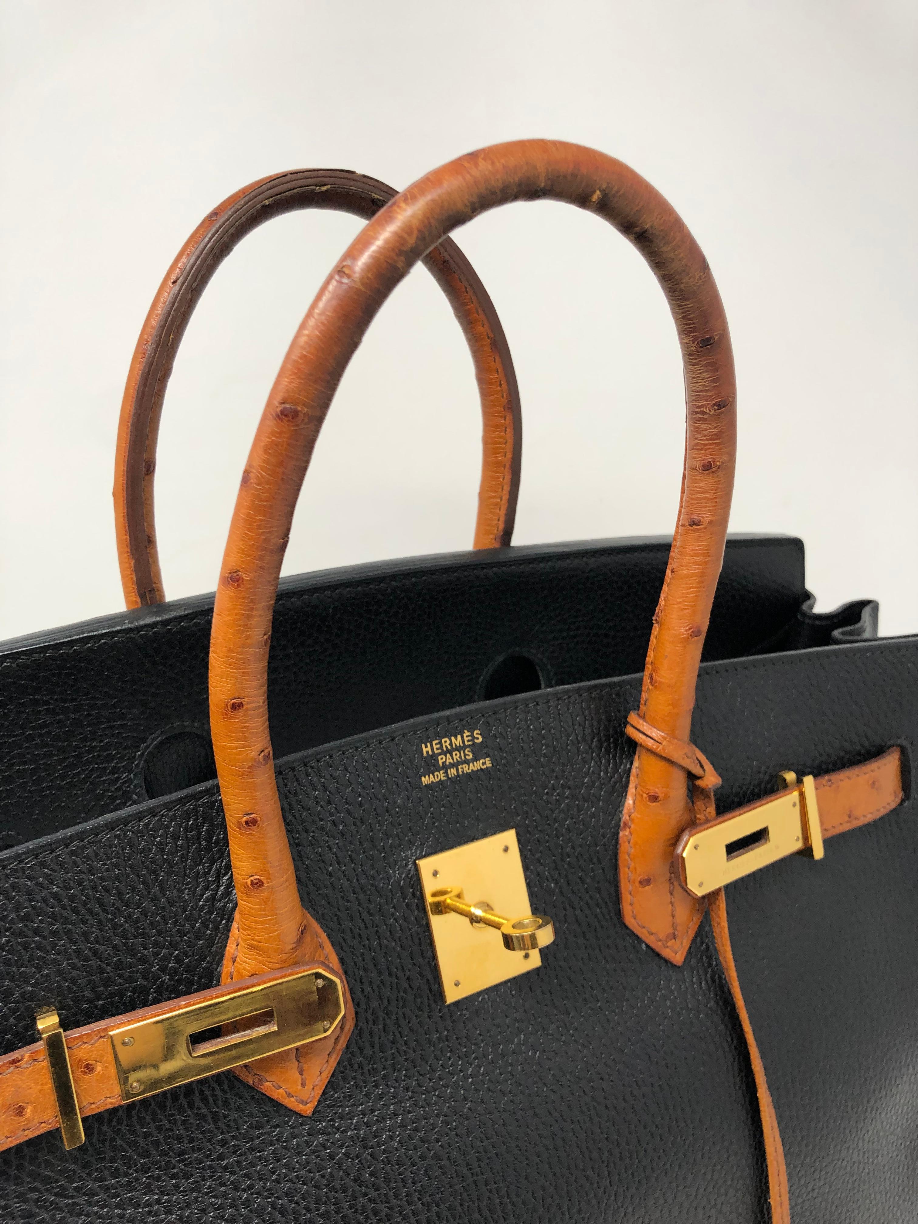 Women's or Men's Hermes Birkin 35 Black with Ostrich Leather Handles 