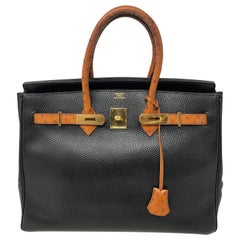 Hermes Birkin 35 noir avec poignées en cuir d'autruche