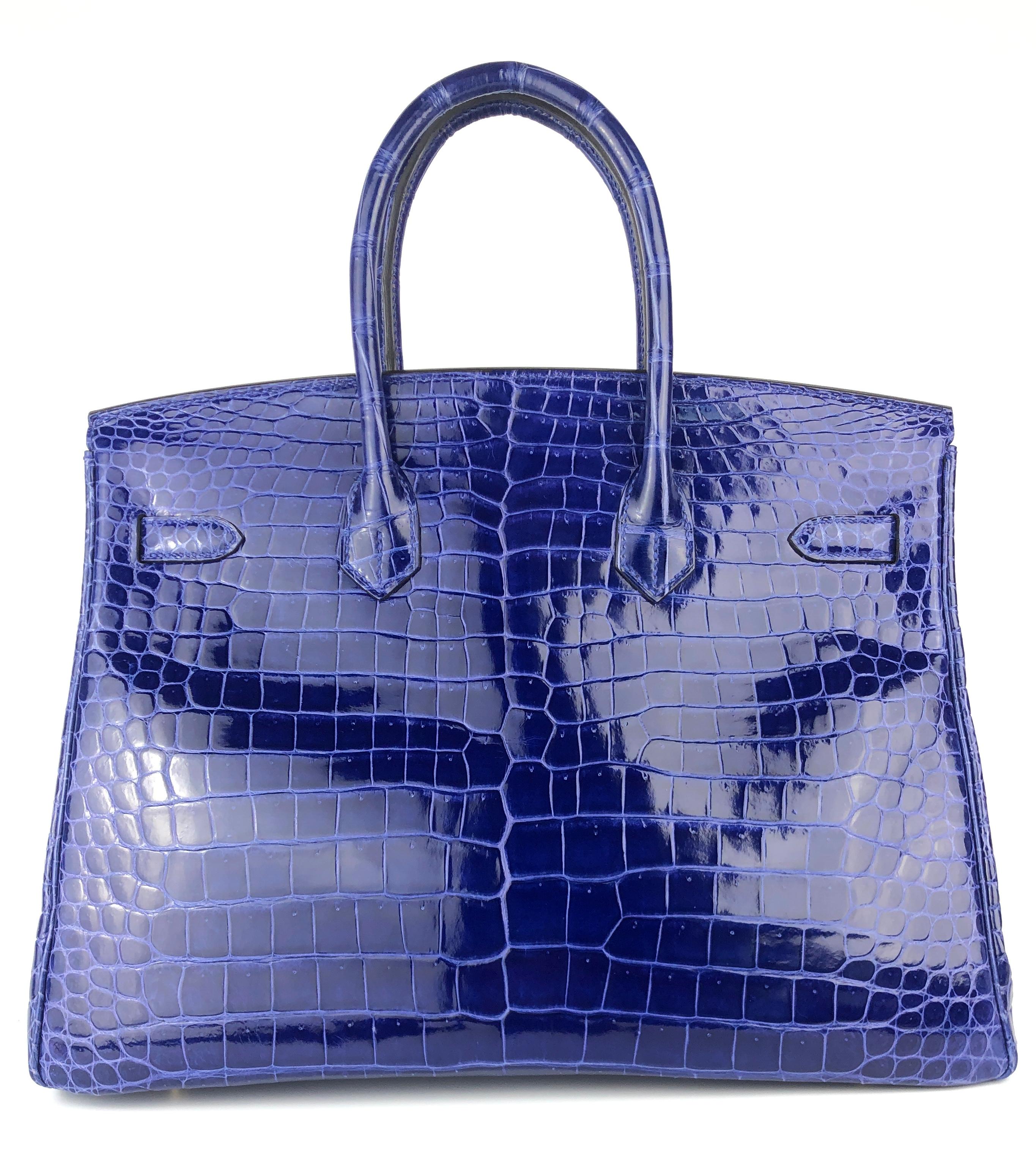 Women's or Men's Hermes Birkin 35 Blue Electric Shiny Porosus Crocodile Gold Hardware