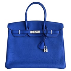 Hermes Birkin 35 Blue Electric Togo Leather Palladium Hardware Top Handle Bag