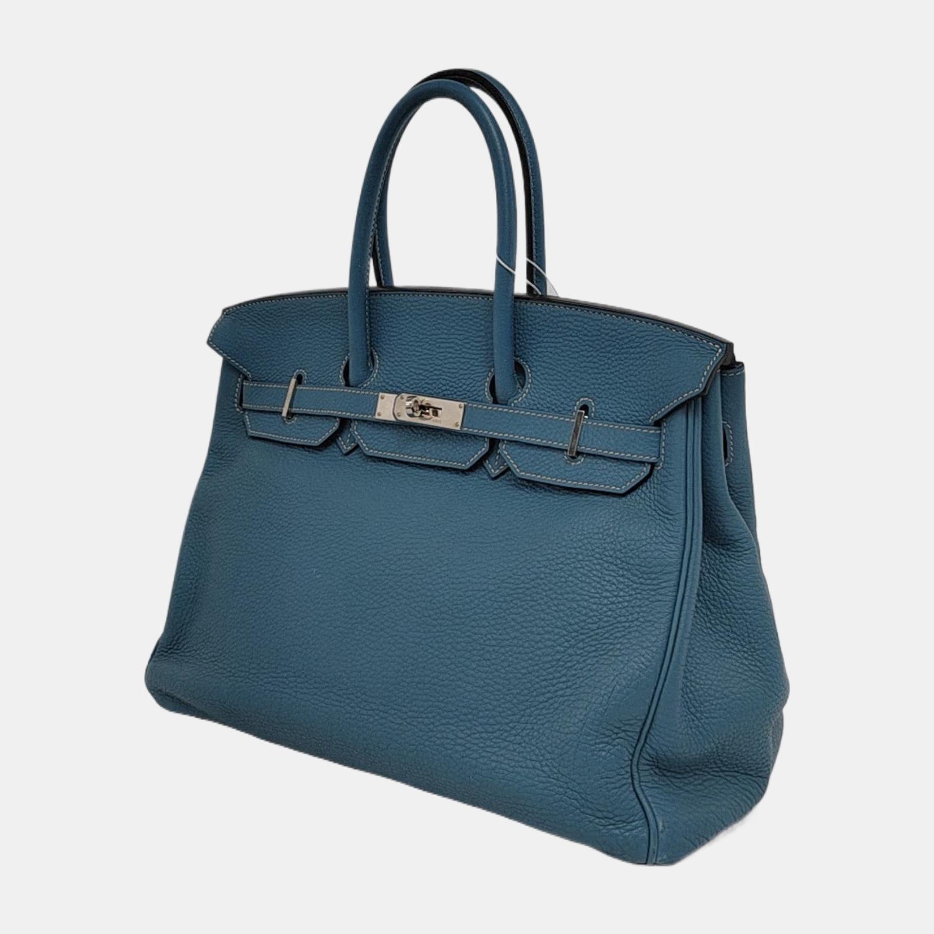 Bleu Hermes Birkin 35 Blue Jeans Cuir de veau Palladium 2010 en vente