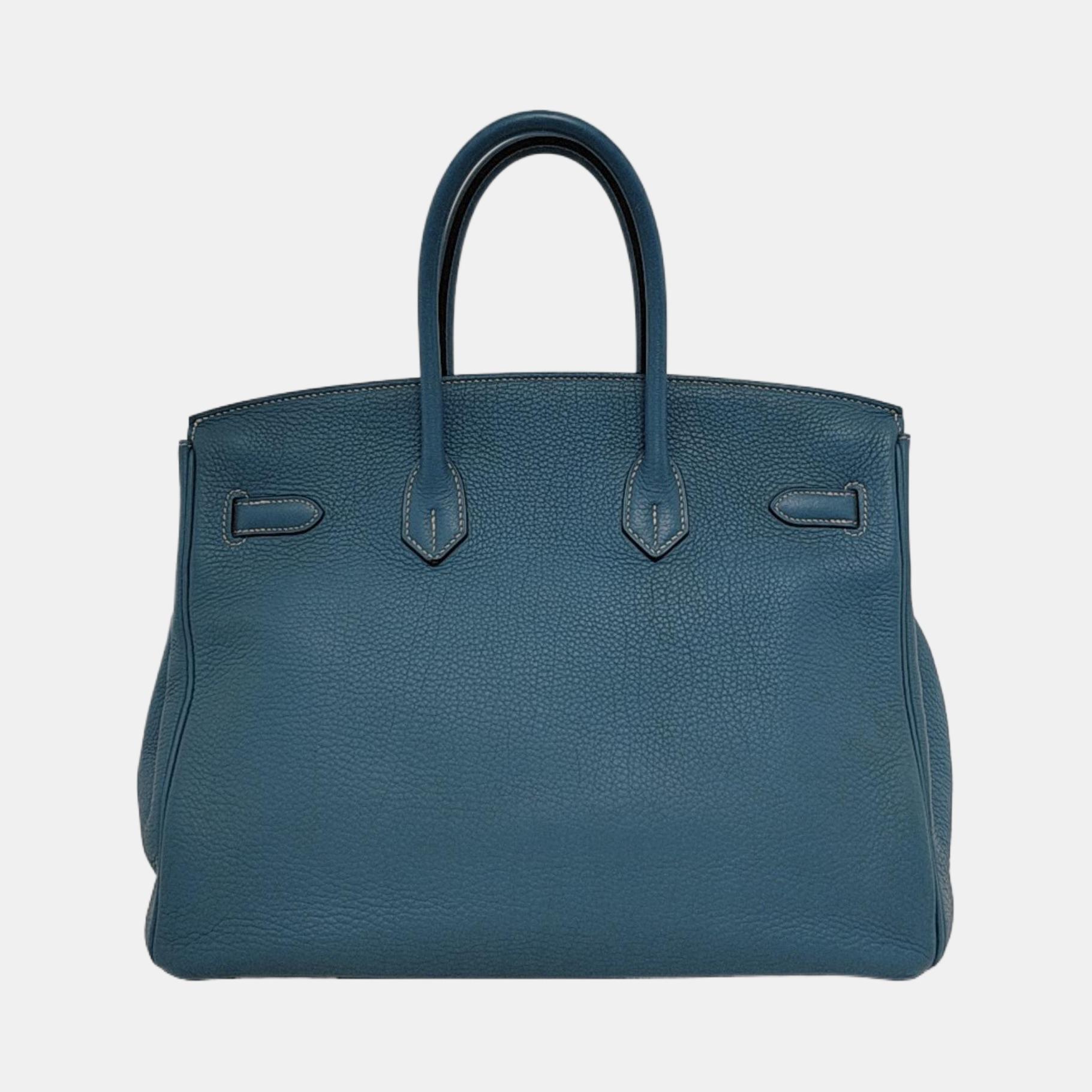 Hermes Birkin 35 Blue Jeans Cuir de veau Palladium 2010 Bon état - En vente à AUBERVILLIERS, FR