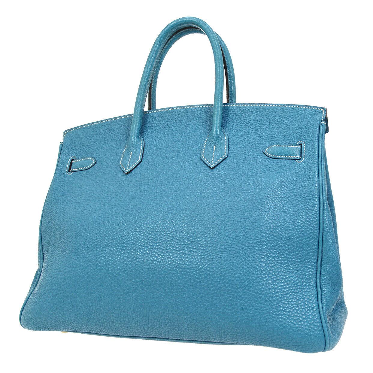 Women's Hermes Birkin 35 Blue Leather Gold Top Carryall Handle Satchel Travel Tote Bag